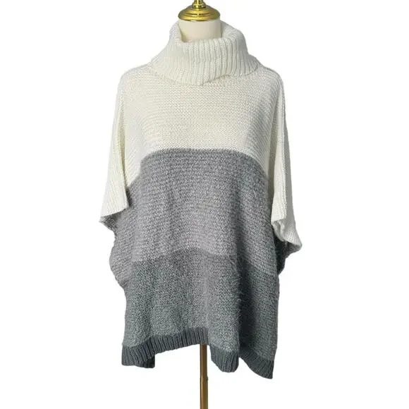 Vince Camuto Colorblock Turtleneck Sweater Grey White Poncho Shrug Thick Warm OS - Picture 2 of 16